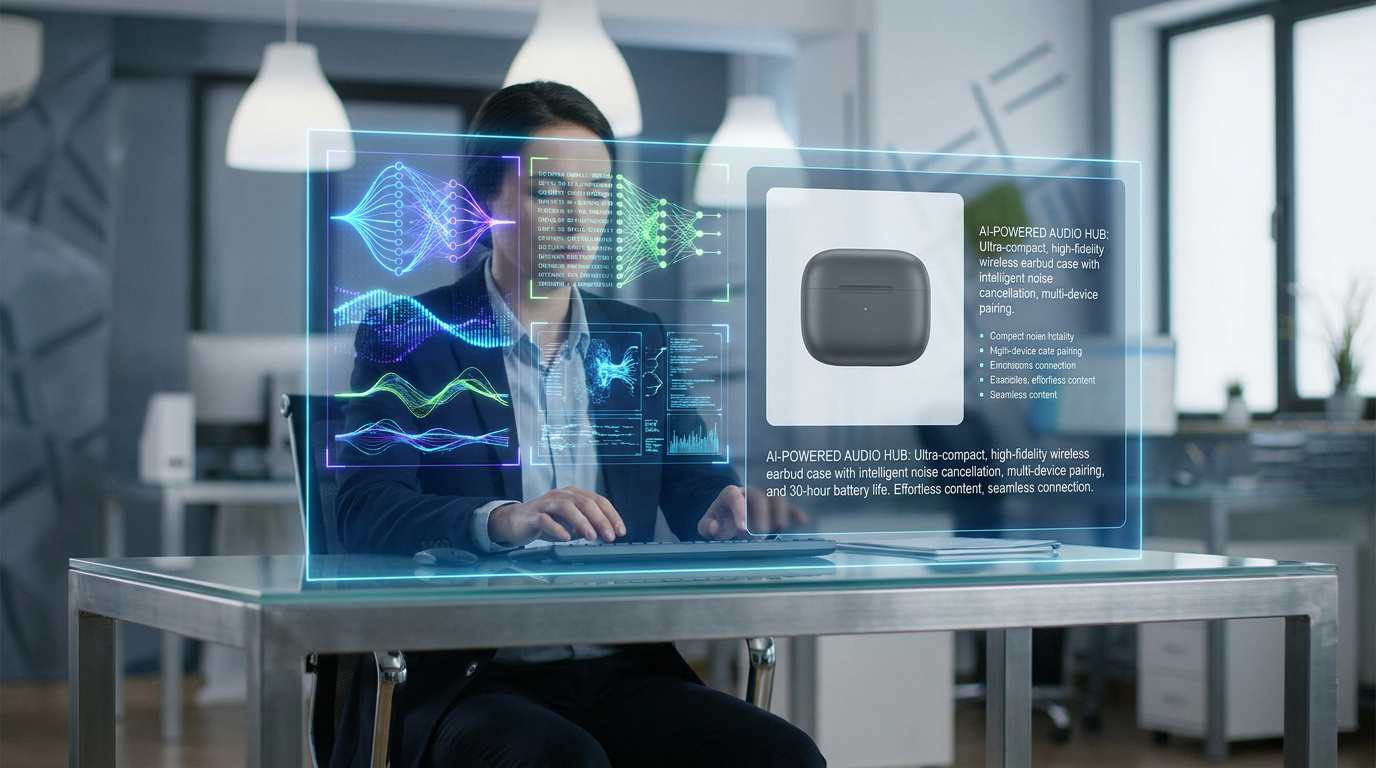 Une personne travaillant sur un ordinateur devant une interface numérique holographique affichant une fiche produit.