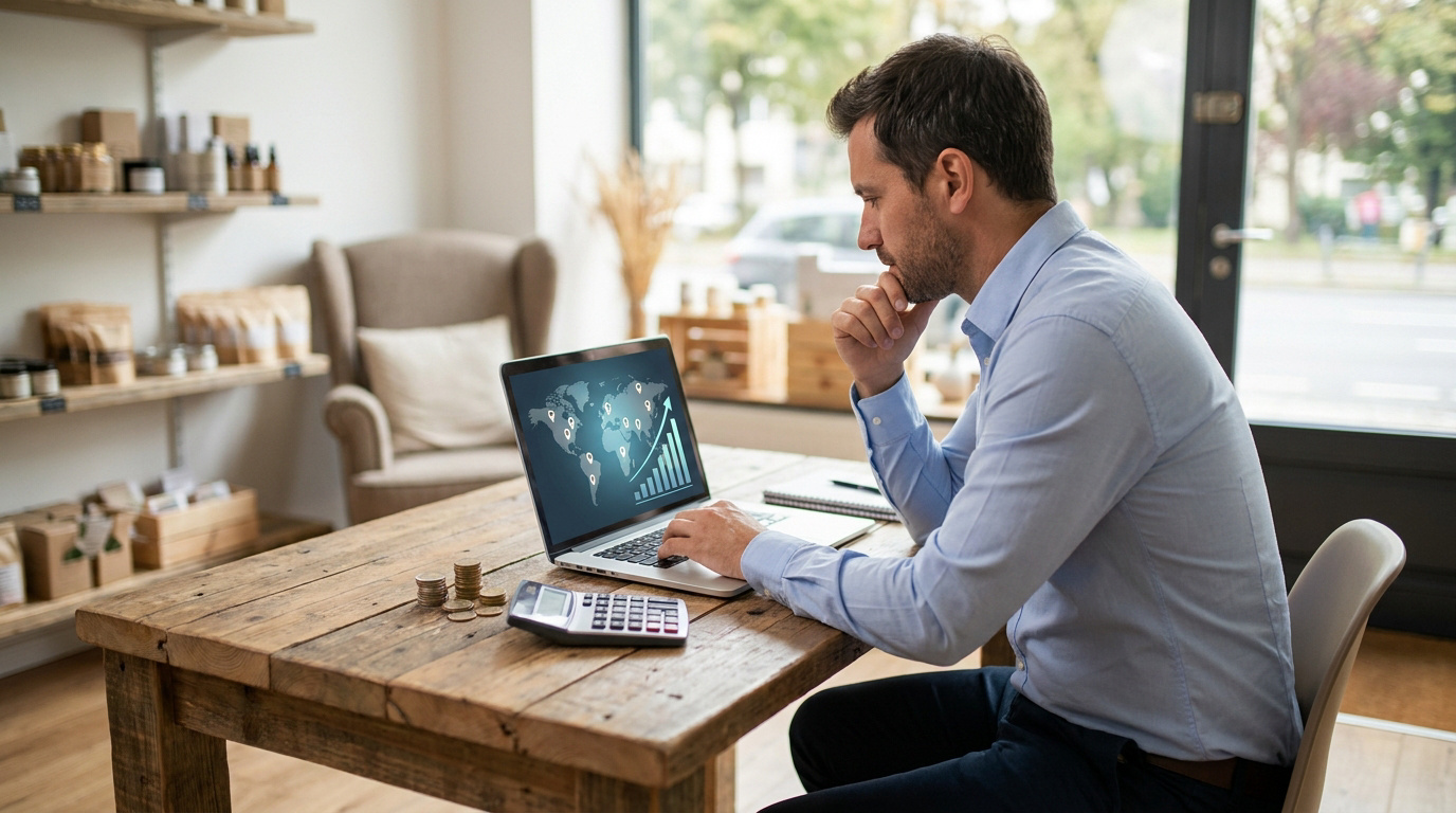 Entrepreneur travaillant sur son ordinateur affichant une carte mondiale et des statistiques de croissance SEO.