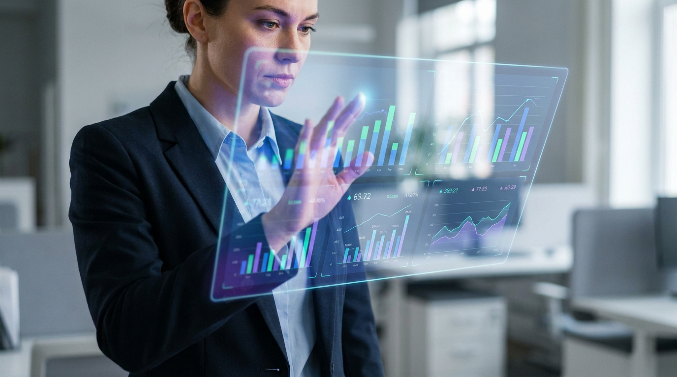 Une femme d'affaires utilisant une interface numérique holographique pour analyser des graphiques de performance.