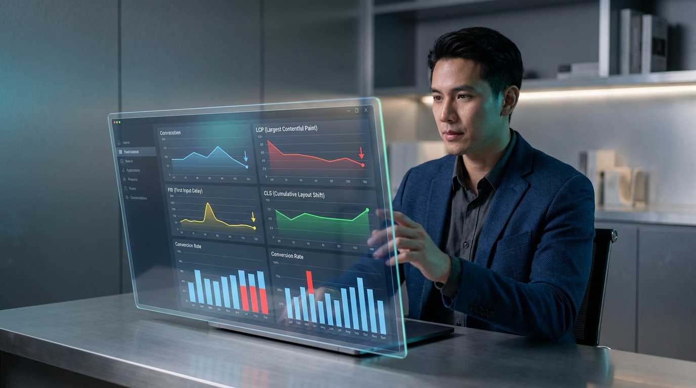 Un professionnel analysant des graphiques de performance web sur un écran holographique transparent dans un bureau.