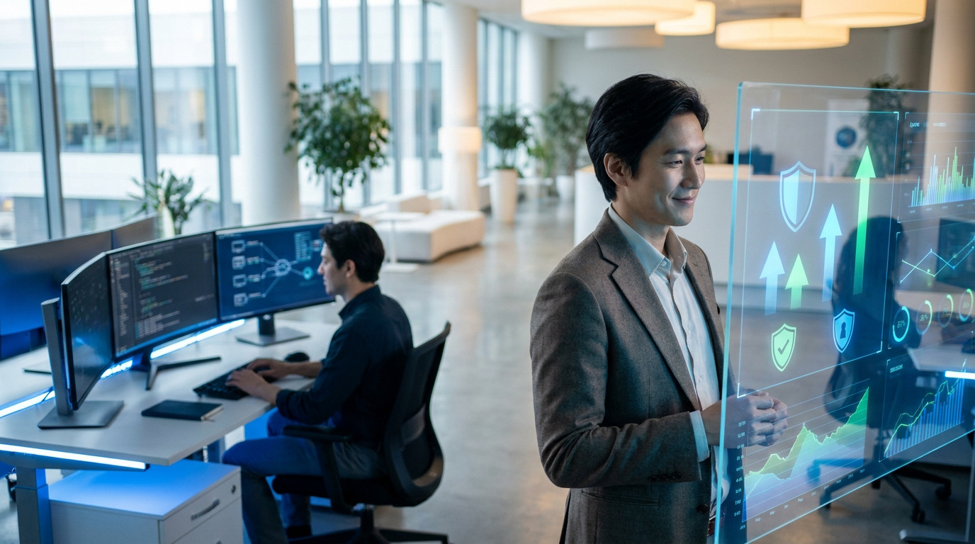 Un professionnel souriant interagit avec un écran holographique affichant des indicateurs de performance et de cybersécurité.