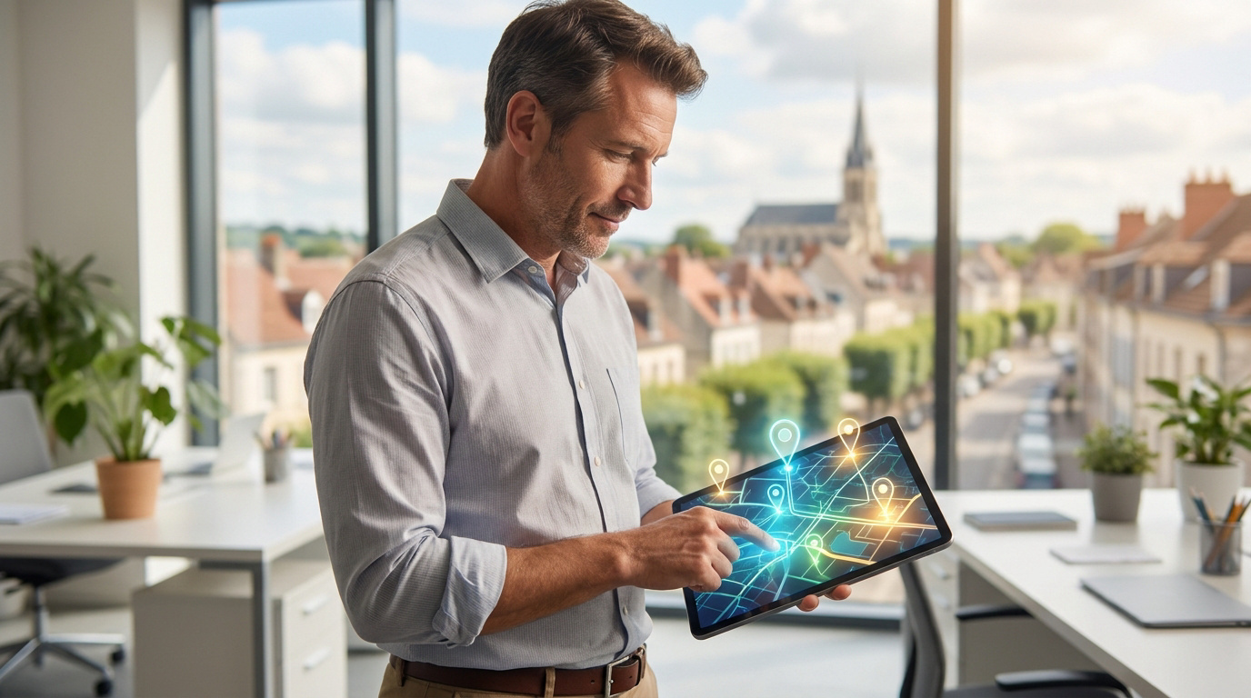 Un professionnel utilisant une tablette avec une carte interactive devant une vue de ville en Seine-et-Marne.