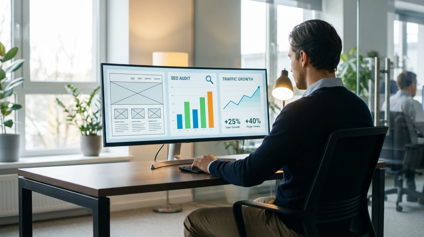 Professionnel travaillant sur un écran ultra-large affichant des données SEO et une maquette de site web.