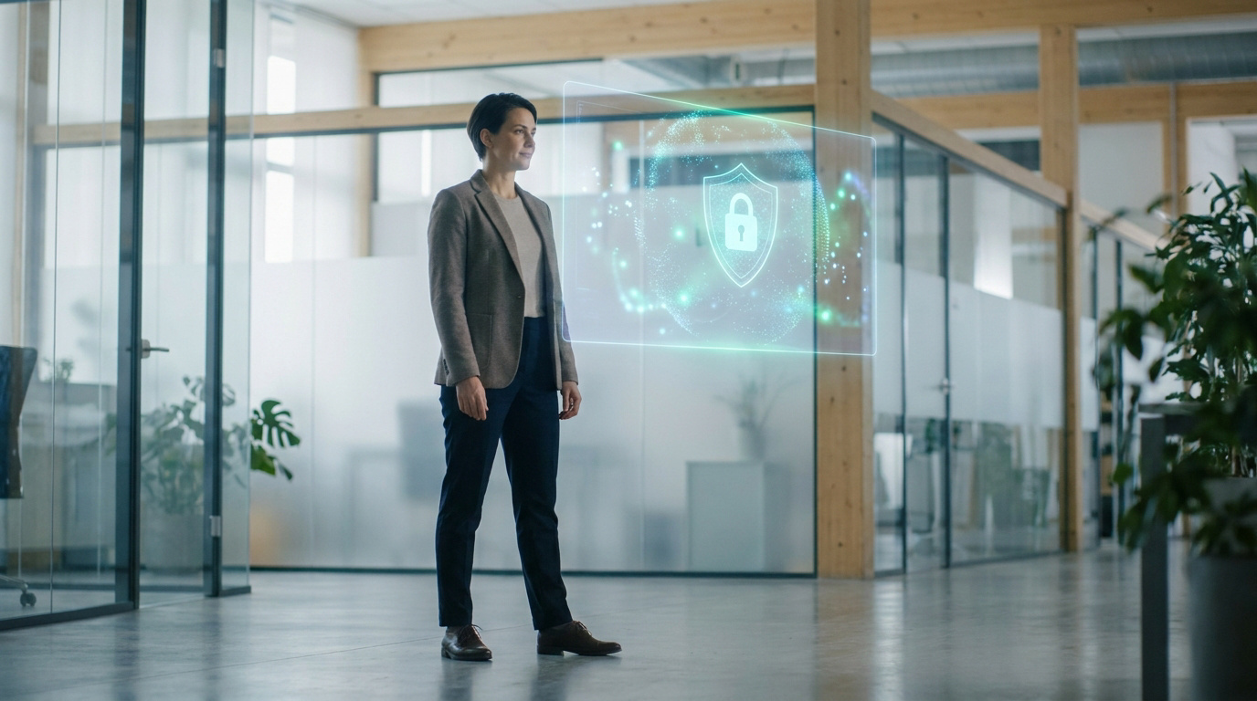 Une femme d'affaires regarde un hologramme numérique représentant un bouclier et un cadenas dans un bureau moderne.