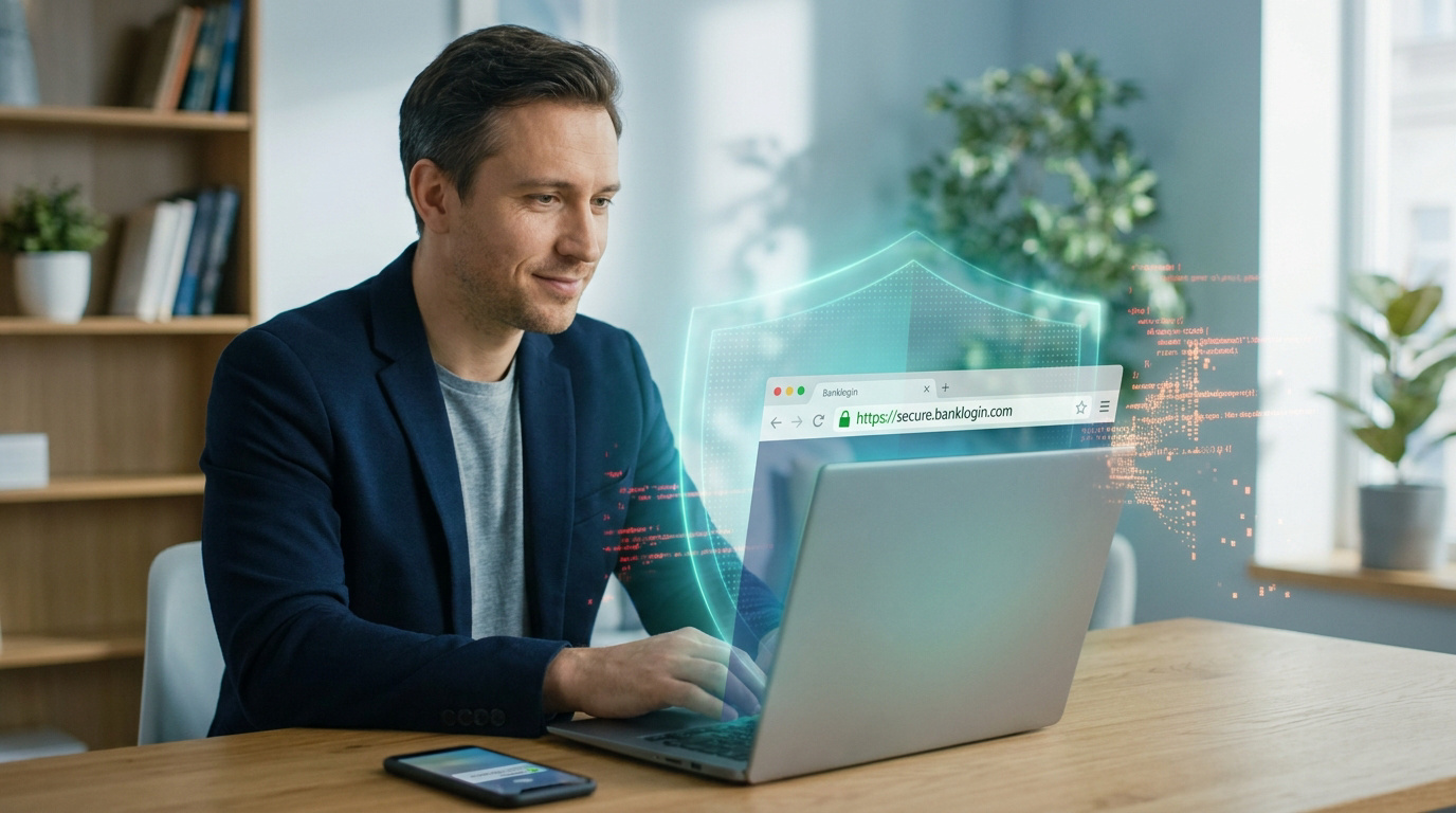 Homme travaillant sur un ordinateur portable avec une protection numérique holographique symbolisant la cybersécurité.
