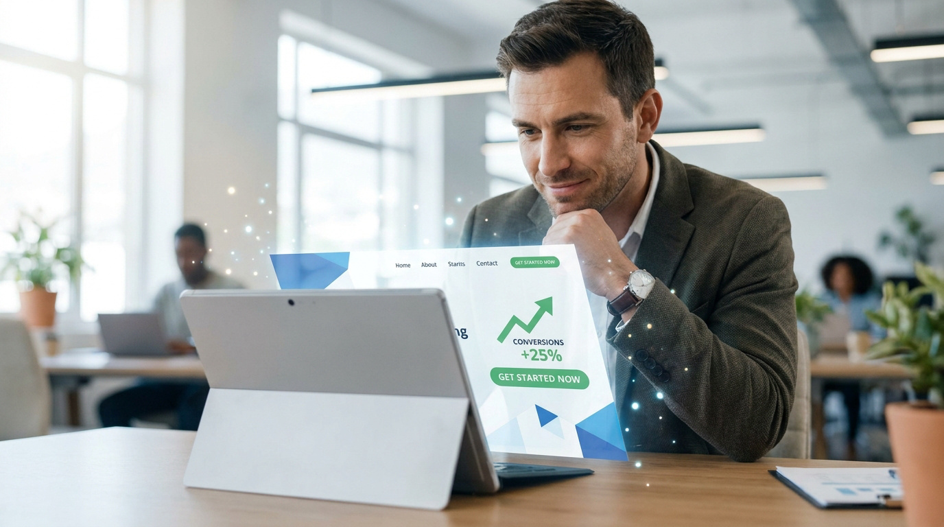 Un professionnel souriant regarde une tablette affichant une interface de landing page avec une hausse de conversions.