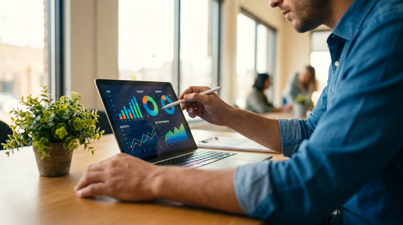Un professionnel analyse des graphiques de performance et de budget sur son ordinateur portable dans un bureau moderne.