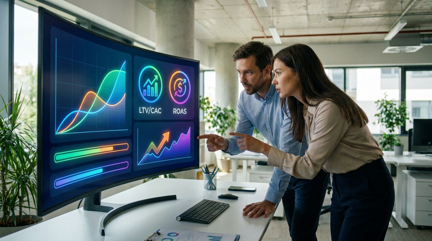 Deux collègues analysant des graphiques de performance webmarketing sur un grand écran incurvé dans un bureau moderne.