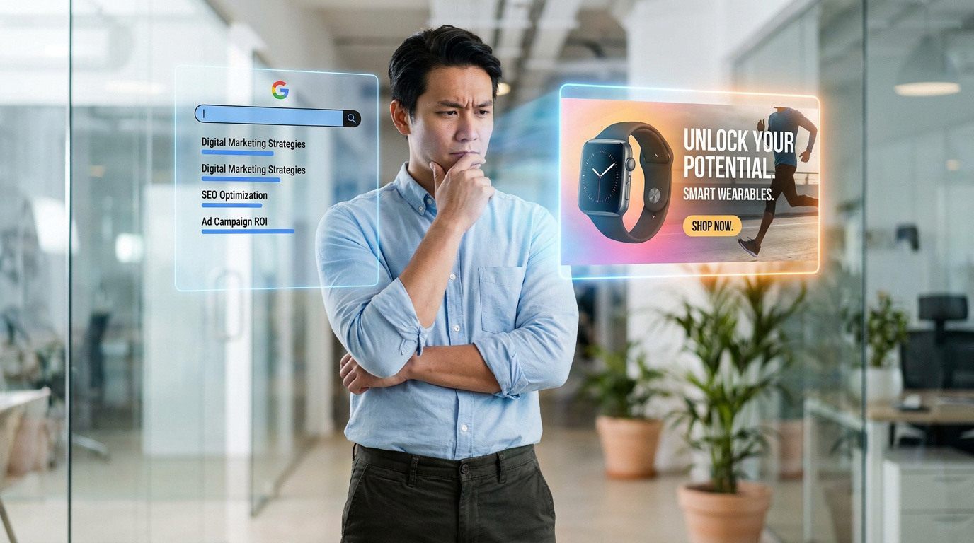 Un homme réfléchit devant des interfaces holographiques affichant une barre de recherche Google et une publicité display.