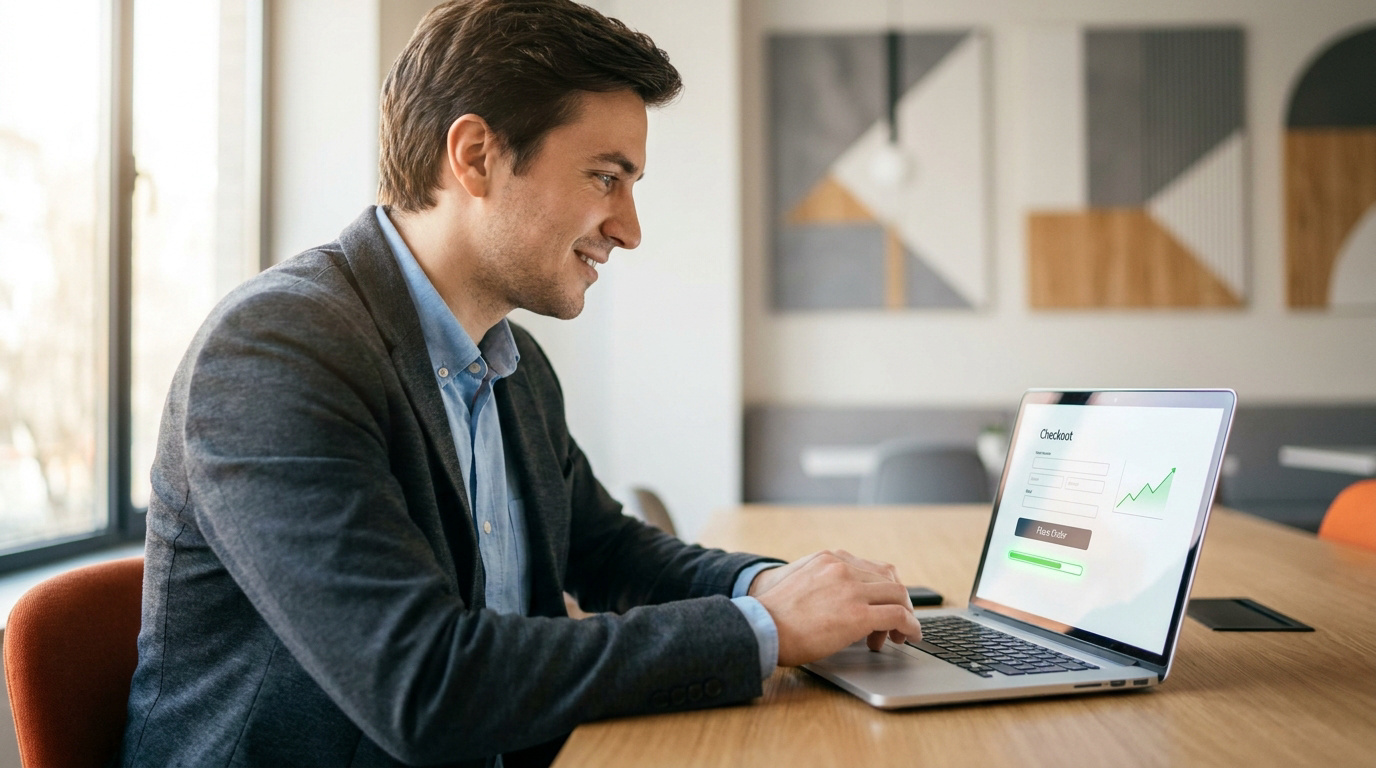 Un homme d'affaires souriant utilise un ordinateur portable affichant une page de paiement optimisée.