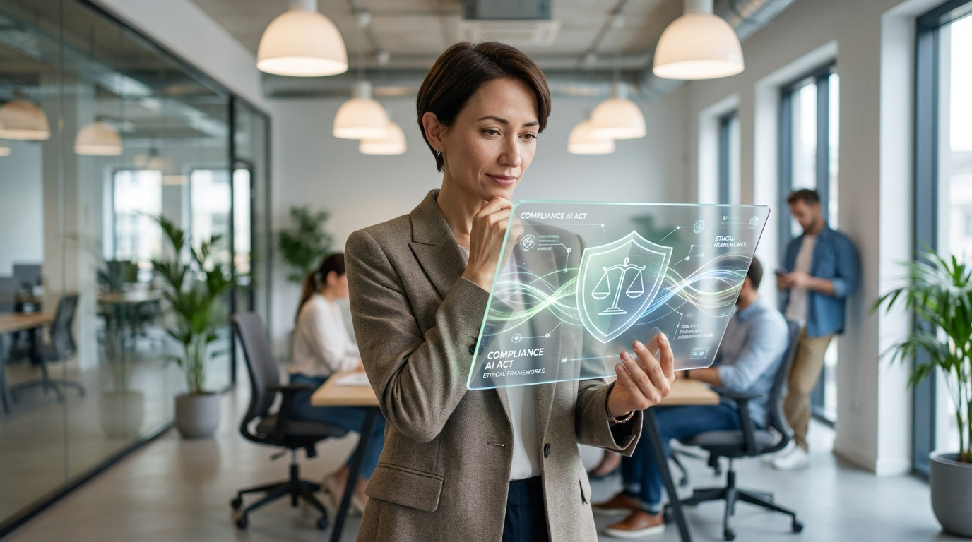Une femme d'affaires examine une interface holographique affichant le texte "Compliance AI Act" et une balance de justice.