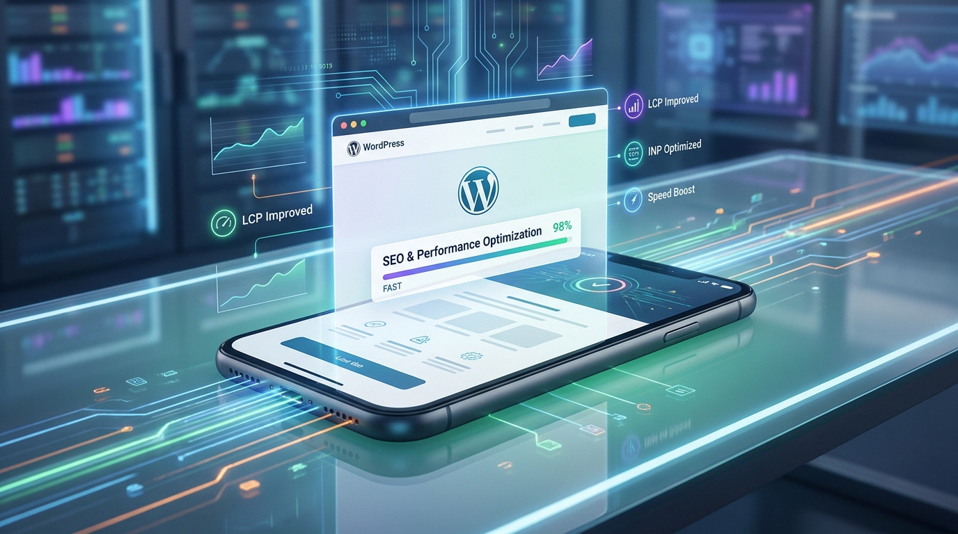 Un smartphone affichant une interface d'optimisation WordPress avec des graphiques de performance sur un fond de serveur.