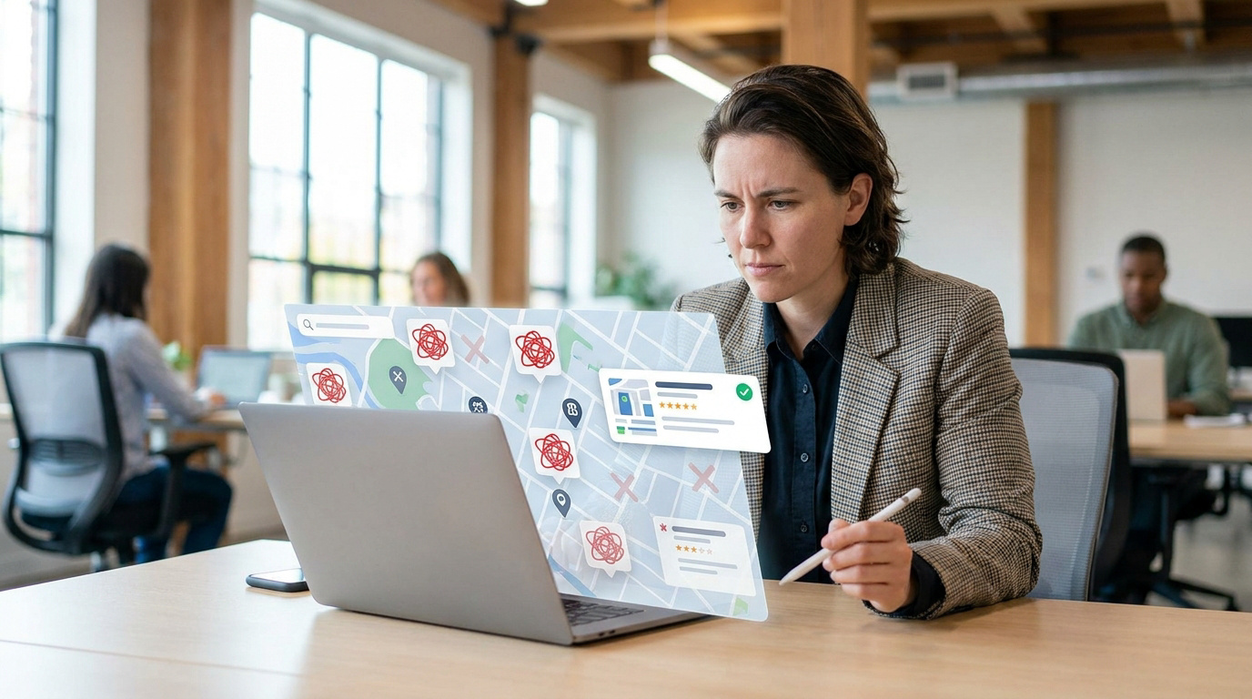Une femme travaillant sur son ordinateur portable montrant une interface de cartographie avec des erreurs SEO local.