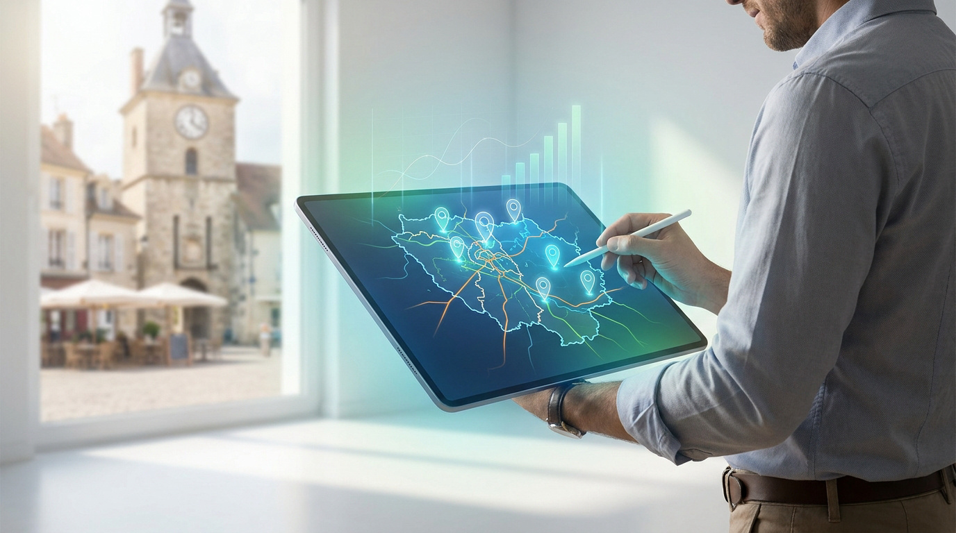 Une personne utilise une tablette affichant une carte interactive de Seine-et-Marne avec des marqueurs de localisation.