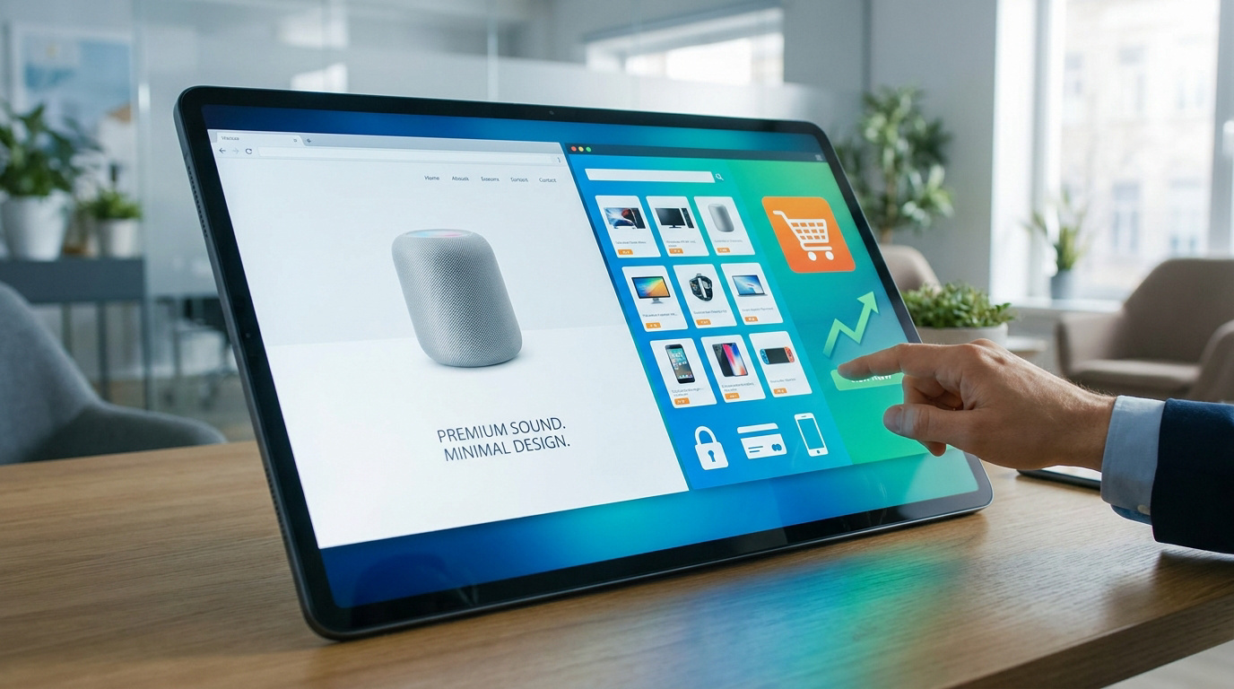 Une main utilisant une tablette tactile affichant une boutique en ligne avec des produits high-tech et une flèche de croissance.