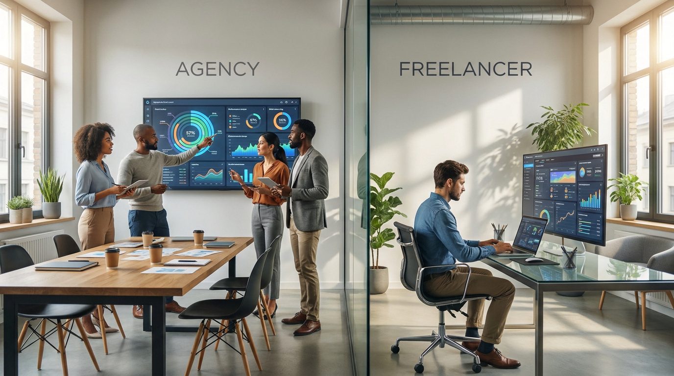 Comparaison visuelle entre une équipe d'agence travaillant en réunion et un freelance travaillant seul sur ses écrans.