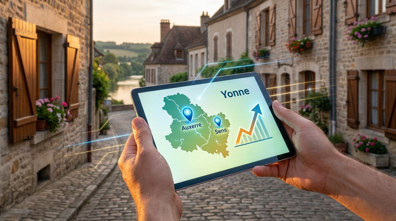 Mains tenant une tablette affichant une carte de l'Yonne avec des indicateurs de croissance dans une rue de village.