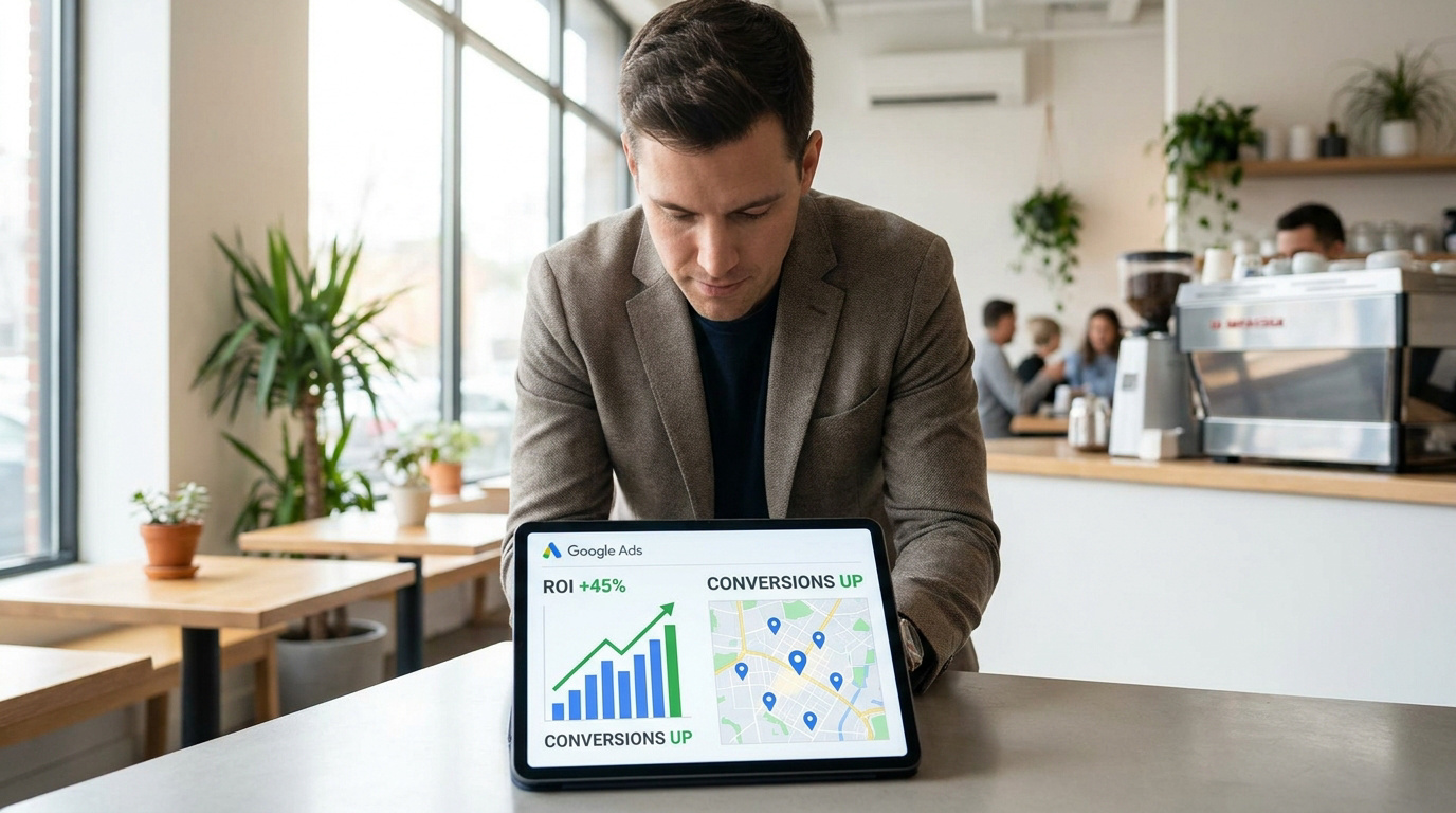 Un entrepreneur consultant une tablette affichant des statistiques de performance Google Ads dans un café.